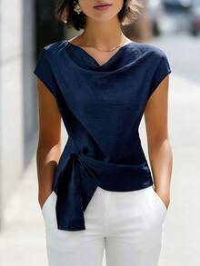 EMERY ROSE Women's Casual Commute Versatile Vacation Loose Batwing Sleeve Asymmetric Hem Soft Blouse, Blue, Summer Top For Ladies - Navy Blue - View 1