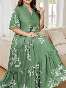 Lacomfia 大码女式短袖收腰喇叭下摆纯色树叶印花度假优雅连衣裙 - 彩色 - 查看 1