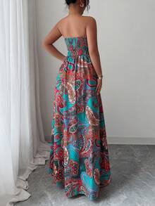 SHEIN Elenzya 大码女士优雅浪漫度假腰果花图案印花抹胸A字飘逸长裙 - 彩色 - 查看 2