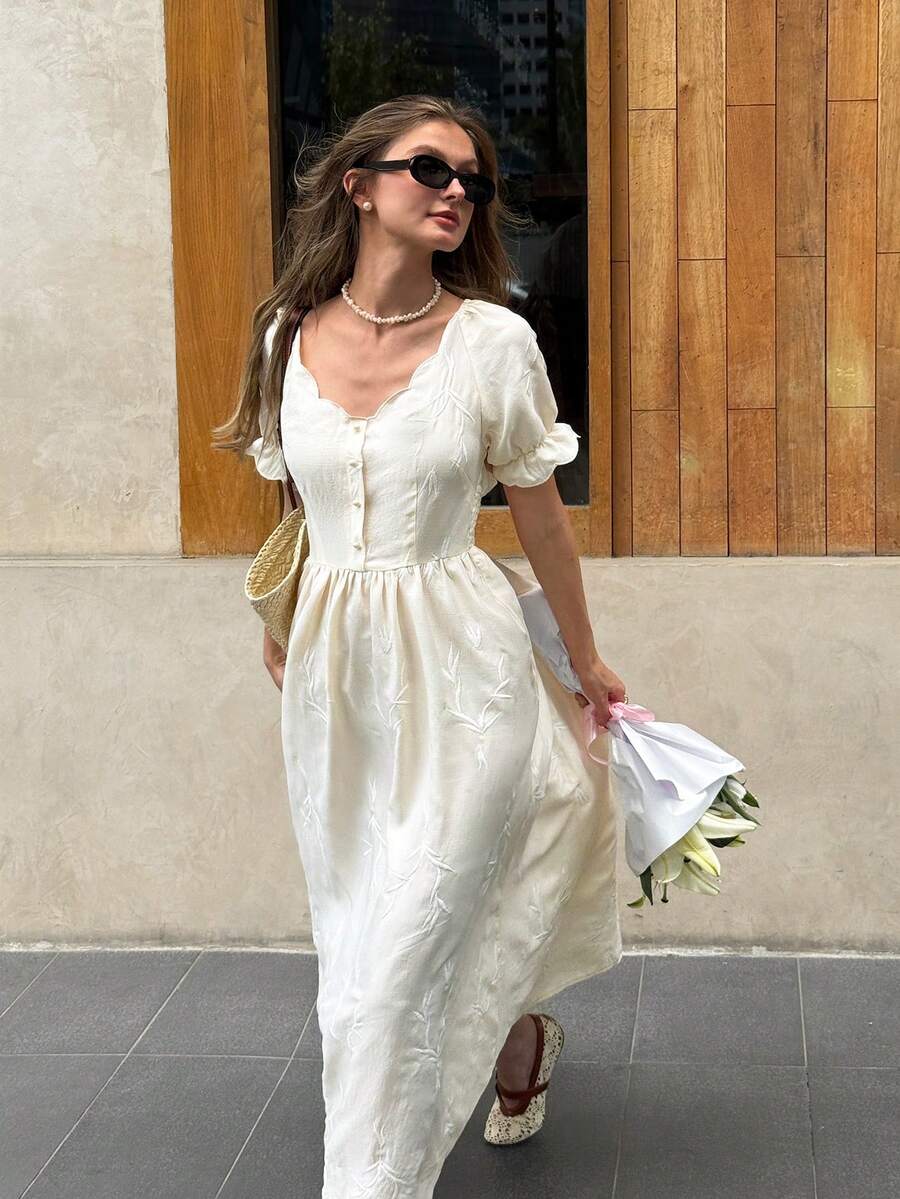 Serisse 女士度假植物刺绣V领短袖休闲连衣裙 - 杏色 - 查看 1