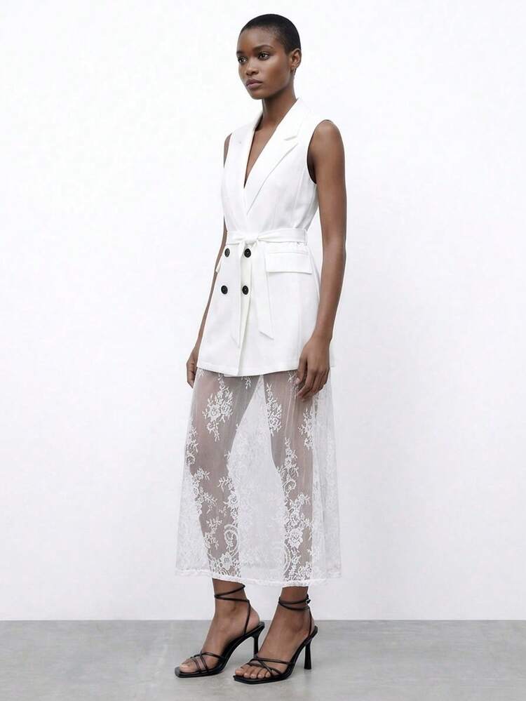 SHEIN Maija Women's Solid Color Distressed Collar Double-Breasted Vest And Lace Midi Skirt Elegant 2-Piece Set, Going Out Outfits, Formal Suit , Formal Attire For Women,With Lace Skirt, White Suit, With Belt, White Two Piece Skirt Set White Mesh Dress White Elegant Dress Women S White Outfit