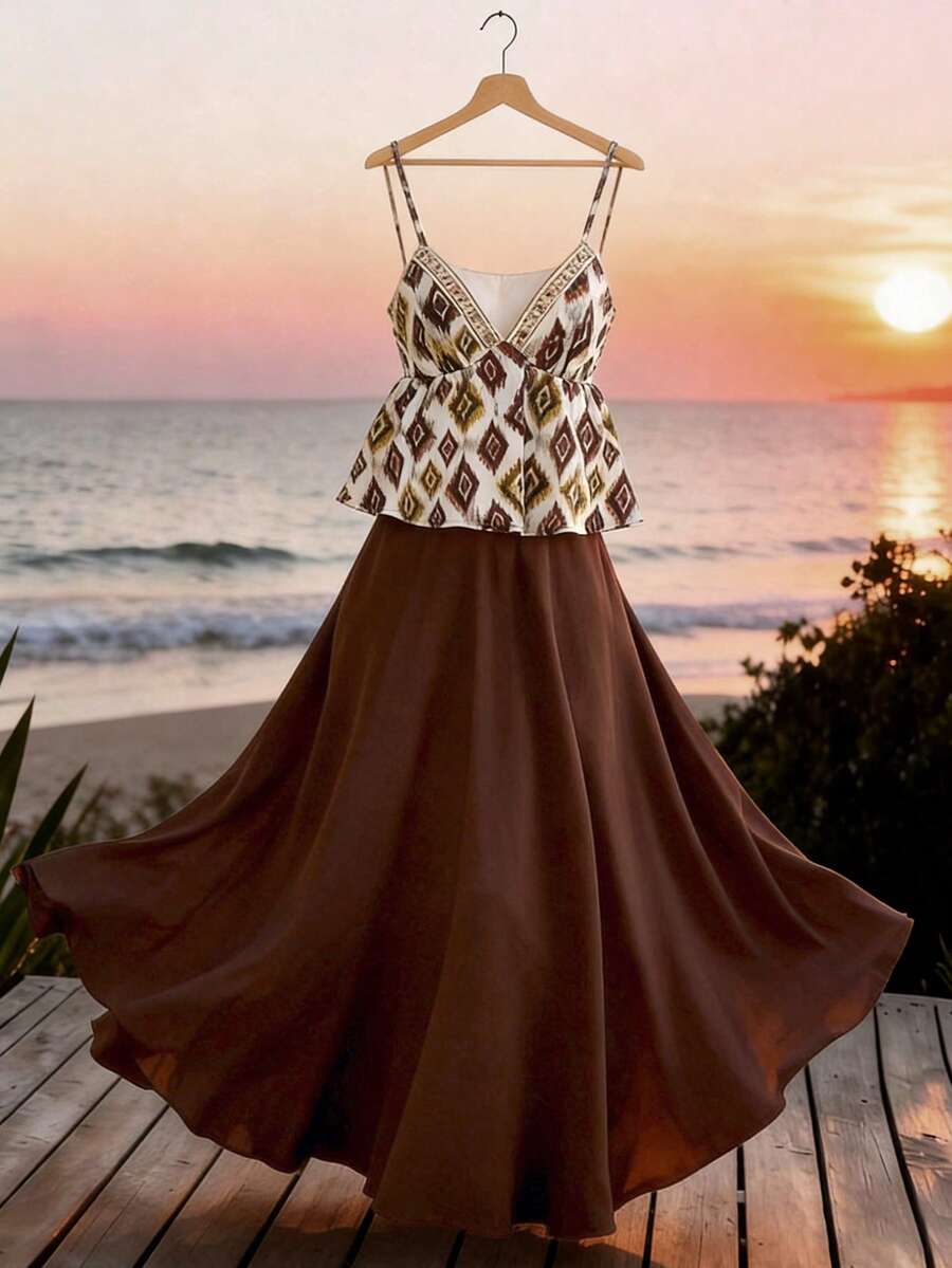 Franclia Đầm dài không tay cổ chữ V hai dây kiểu vintage dành cho nữ, thích hợp cho mùa hè. - màu nâu - Xem 1