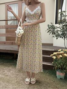 Livesso 女士花卉撞色蕾丝吊带中长连衣裙，度假款 - 黃色 - 查看 6