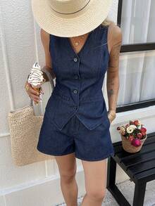 Livesso Vintage Washed Blue Sleeveless Denim Vest Cardigan Top & Shorts Set, Casual Vacation Style, Suitable For Spring & Summer, Wedding, Commuting - Medium Wash - View 7