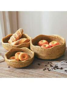 1 Buah Nampan Bulat Anyaman Rotan dengan Tepi Bergelombang, Piring Buah, Keranjang Penyimpanan Dapur, Keranjang Buah & Sayuran, Keranjang Penyimpanan Rotan Buatan Tangan - Coklat - View 13