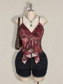SHEIN ICON Plus Size Women Paisley Print Blue Green Ruffle Trim Camisole Top - Burgundy - View 4