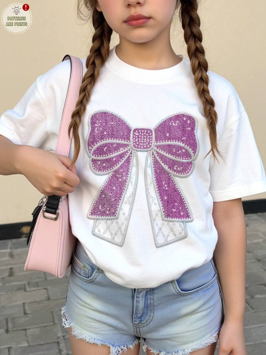 Tween Girls' Casual Minimalist Textured Bow Print T-Shirt, Versatile All-Match For Everyday Wear, Suitable For Summer - Multicolor - View 1