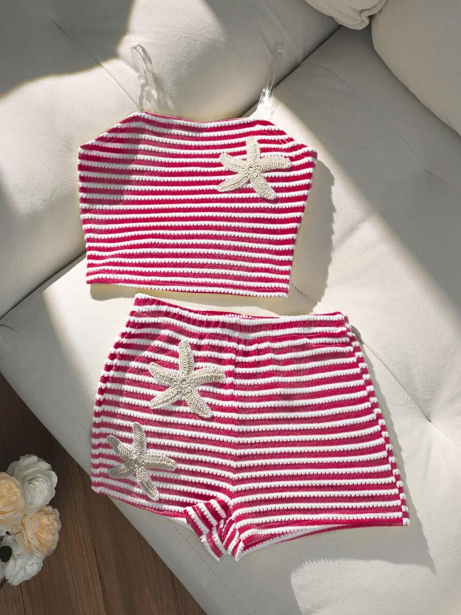 Sparklyn 两件套女童Y2K风格黄白条纹配套内衣套装，饰有3D海星刺绣，泡泡质感面料，抹胸式上衣配隐形肩带和平角内裤，柔软舒适，甜美海滩度假风，适合夏季穿着 - 紅色 - 查看 1