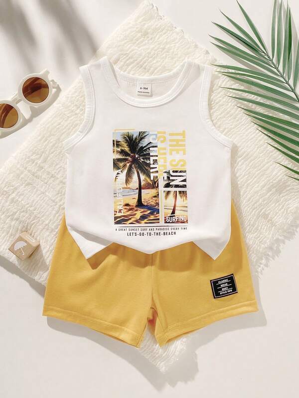 SHEIN Playful Pals Baby Boy Summer Rabbit Print Vest Matching Shorts Set, Cute Style, Crew Neck Sleeveless, Comfortable Fit, Suitable For Outdoor Activities, Play, Casual Parties