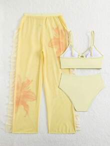 SHEIN 少女三件套比基尼泳衣，包含印花泳衣。浅黄色百合印花三件套泳衣，全新夏季款式，亲肤速干。圆领设计，高腰弹力腰带。非常适合儿童海滩度假、沙滩和泳池边穿着。打造清新活力造型的必备单品。夏季女童沙滩泳装 - 黃色 - 查看 2
