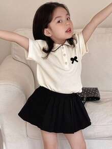 DAZY Young Girls Bow Collar Button Half Placket T-Shirt Summer - Beige - View 3
