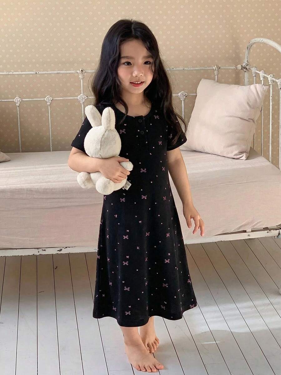 Dazy Kids Young Girl Round Neck Short Sleeve Nightgown Loungewear Summer - Black - View 1
