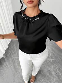 GlowEve CURVE Plus Size Women's Black Summer Elegant Dinner Shirt,Short-Sleeved French Temperament Workplace Light Sleeve Blouse Tops For Women - Black - View 4