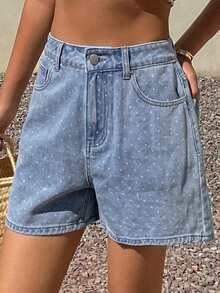 DAZY 女士休闲波点印花高腰宽松牛仔短裤，适合夏季度假和日常通勤穿着 - 藍色 - 查看 8