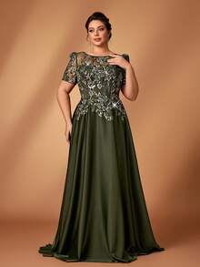 Serin Đầm xòe sang trọng, thanh lịch màu xanh lá cây, cổ tròn, tay ngắn, cỡ lớn, đính sequin lấp lánh, phù hợp cho đám cưới, tiệc tùng, sự kiện trang trọng, hoặc dành cho mẹ cô dâu. - màu xanh lá - Xem 7