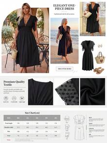 Breezaya Plus Size Women's Vacation Solid Color Deep V-Neck Ruffle Sleeve Sexy Dress - Black - View 4