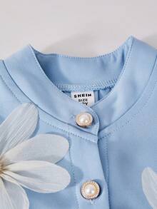 SHEIN ChillGRL 女童两件套：纯色 A 字裙搭配无袖高领开衫背心，饰有花瓣图案，适合春夏日常休闲穿着。 - 淺藍色 - View 6