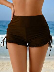 Swim Lushoire Women's Summer Beach Casual Vacation Side Drawstring Ruffle Hem Brown Swimsuit Bottom - Brown - View 4