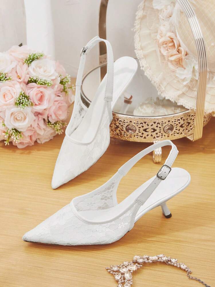 CUCCOO HITCHD Women's Shoes Lace Embroidery Pointed Cat Heel Elegant Romantic White Lace Mesh High Heels, Bridal, Bridesmaid, Party, Wedding Christmas Dress Shoes
