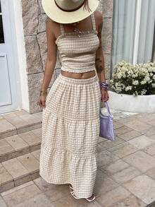 Livesso Cream White Summer Casual Elegant Picnic Vacation Holiday Textured Plaid Cropped Top & High-Low Hem Skirt 2-Piece Set For Women, Lounge Sets - Pink - View 7