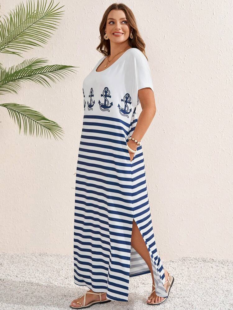 Plus Size Women's Summer Casual Vacation Country Striped Print Pocket Round Neck Short Sleeve Casual Dress,Summer Outfits For Women ,Vacation Outfits Women ,Holiday Outfits For Women,Going Out Outfits,2026 New Clothes,Simple And Fashionable For Everyday Wear,Suitable For Summer, Vacation, Daily Wear, Festival Outfits For Women,Country Concert Outfit,Beach Outfits For Women,Flowy Dress