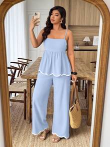 Weeklong 大码女式两件套波浪心形丝带撞色仿亚麻腰部休闲通勤套装，春夏款 - 淺藍色 - 查看 6