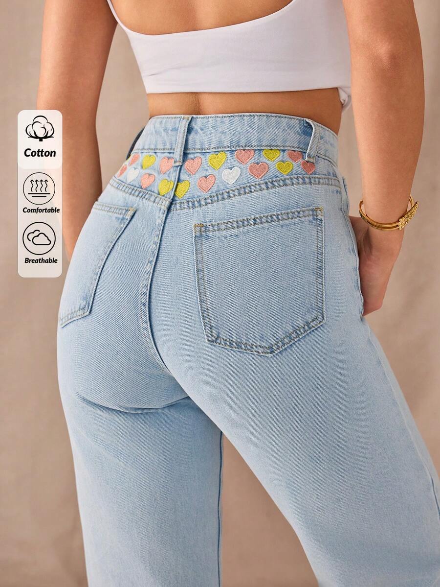 SHEIN Quần jean cạp cao, màu dâu tây, giặt nhẹ, có chi tiết thêu hình trái tim ở phía sau. - Rửa nhẹ - Xem 1