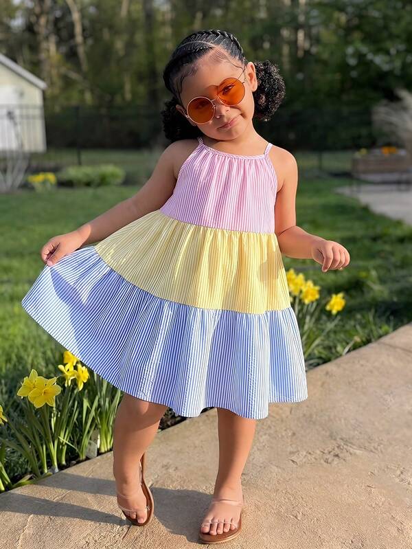 SHEIN Young Girl' Sweet Striped Patchwork Dress, Summer Young Girl  Color Block Dress Girls Color Block Dress Young Girl Pastel Spring Dress Young Girl/Toddler Sun Dresses Sunshine Dress  Summer Clothes Summer Dress Young Girl Sleeveless Color Block Striped Sun Dress Casual Kids Tiered Summer Dress