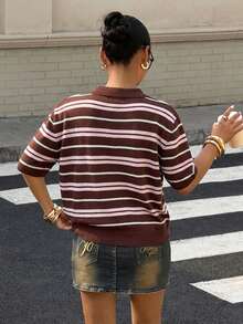 Muchica 棕色条纹女士 Polo 领短袖休闲针织上衣 - 棕色 - 查看 2