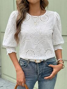 SHEIN Clasi Women's Vacation Casual Solid Color Hollow Embroidered Blouse Women Outfits Summer Spring Outfit Tops For European And American Style - White - View 5