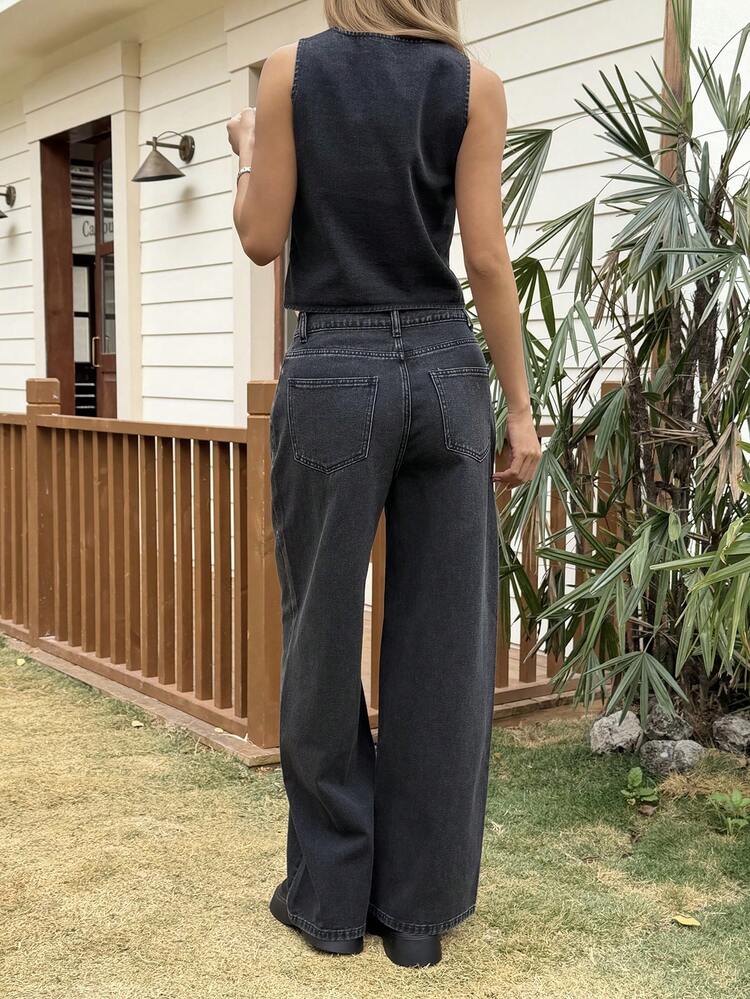 Women's Sleeveless V-Neck Solid Color Top And Casual Denim Pants Set Summer