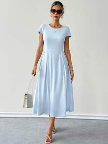 Ritzy Row 女士蓝色梭织圆领短袖休闲连衣裙 - 藍色 - 查看 3