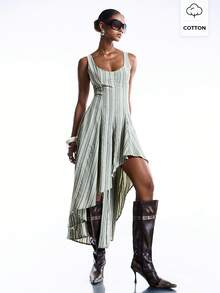 LYSMO Đầm nữ dáng suông kẻ sọc, vạt bất đối xứng, thích hợp cho mùa hè. - màu xanh lá - Xem 1