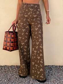 DAZY Quần jeans nữ ống đứng dáng rộng, cạp thấp, in họa tiết, màu nâu, thích hợp mặc thường ngày. - màu nâu - Xem 4