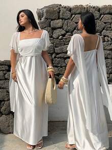 Sunnyshic Plus Size Women's Casual Vacation Dress With Spaghetti Straps And Flowy Hem - White - View 1