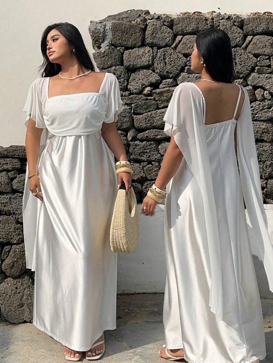 Sunnyshic Plus Size Women's Casual Vacation Dress With Spaghetti Straps And Flowy Hem - White - View 1