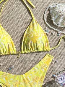 Swim Mod Women's Yellow 2 Pieces Swimwear,Adjustable Strap Random Shell Print Bikini Set With High Cut Bottoms,Summer Casual Holiday Vacation Holiday Bikini - Yellow - View 1