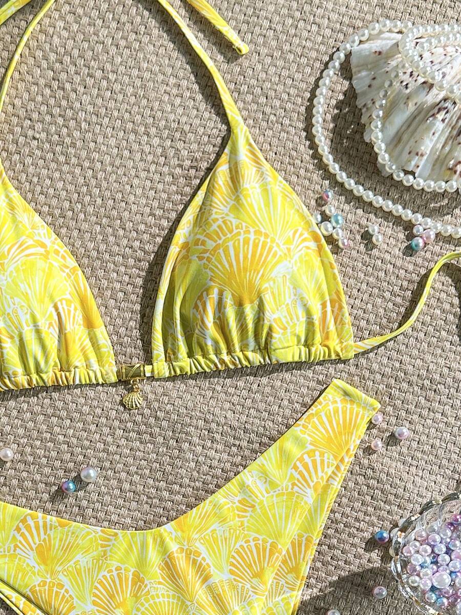 Swim Mod Women's Yellow 2 Pieces Swimwear,Adjustable Strap Random Shell Print Bikini Set With High Cut Bottoms,Summer Casual Holiday Vacation Holiday Bikini - Yellow - View 1