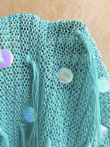 Soleia Women's Teal Sequin Summer Boho Beach Vacation Holiday Sequin Fringe Hem Halter Knit Top And Knitted Mini Skirt Set,Elegant Party Outfits For Women - Mint Green - View 8