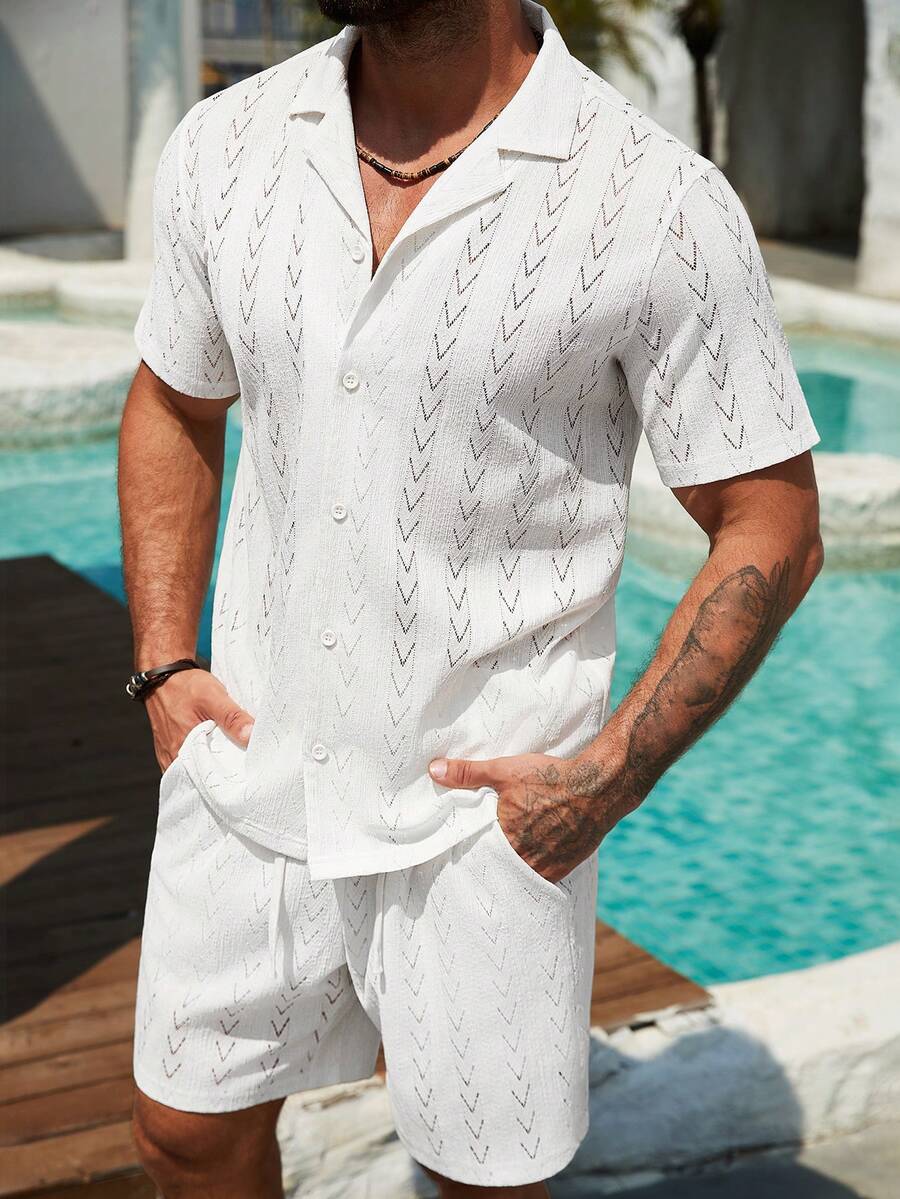 VENTUSAIL Men's Apricot Knit Hollow Striped Textured Short Sleeve & Shorts Set Mens 2 Piece Summer Sets Mens Vacation Outfit Sets Mens Summer Holiday Clothes Resort Wear Men White Beach Outfit For Men - Apricot - View 1