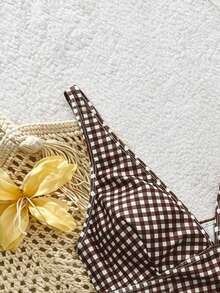 Elavelle 女士随机印花深V领吊带比基尼上衣，春夏款 - 咖啡棕 - 查看 7