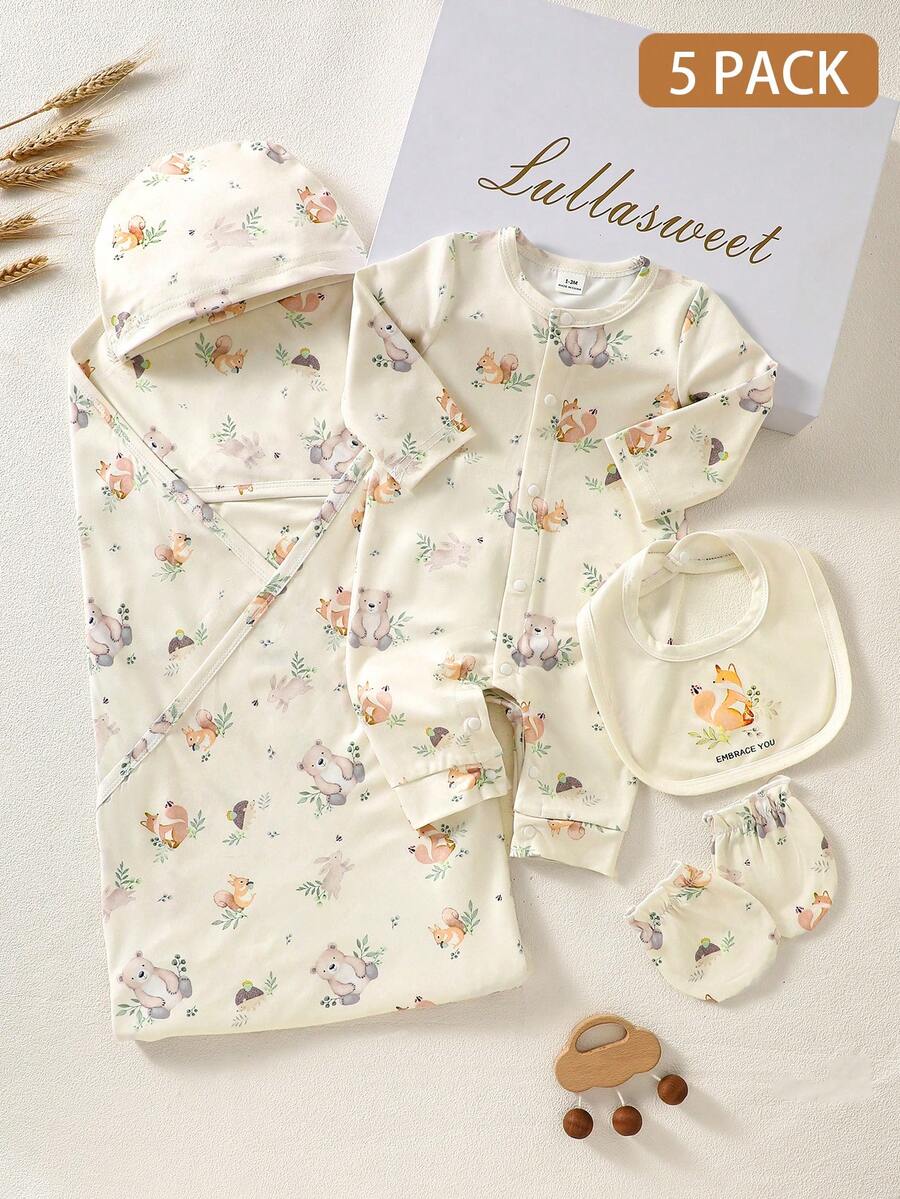SHEIN New Born Baby Gift Set, Spring/Summer New Arrival Layette Set, Newborn Infant Romper Outfit New Born Clothes Set Newborn Clothes Set Baby Gifts - Khaki - View 1