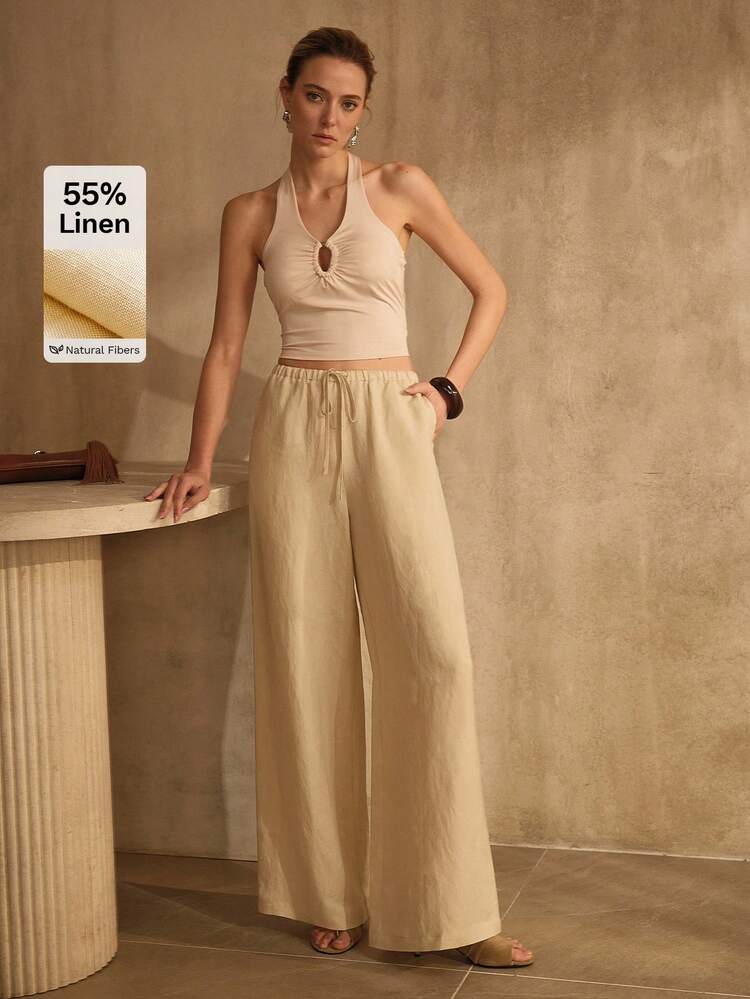 WOMEN'S APRICOT LOOSE WAIST TIE STRAIGHT LEG SHORTS