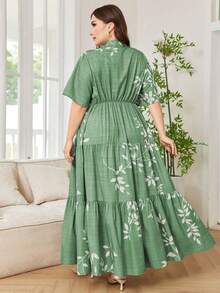 Lacomfia 大码女式短袖收腰喇叭下摆纯色树叶印花度假优雅连衣裙 - 彩色 - 查看 2