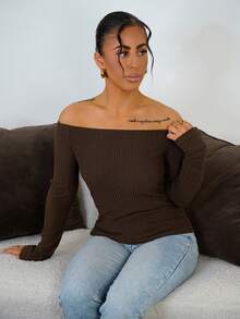 SAYEHFBABY 女士日常外出穿的垃圾摇滚风灰黑条纹针织露肩长袖T恤 - 咖啡棕 - 查看 1