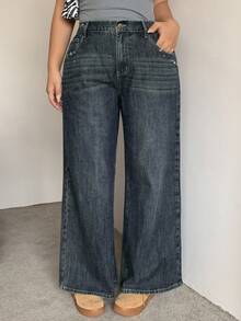 Dazy Plus Rivet Decor Loose Washed Distressed Wide Leg Flare Jeans, Plus Size Women, Autumn - Dark Wash - View 4