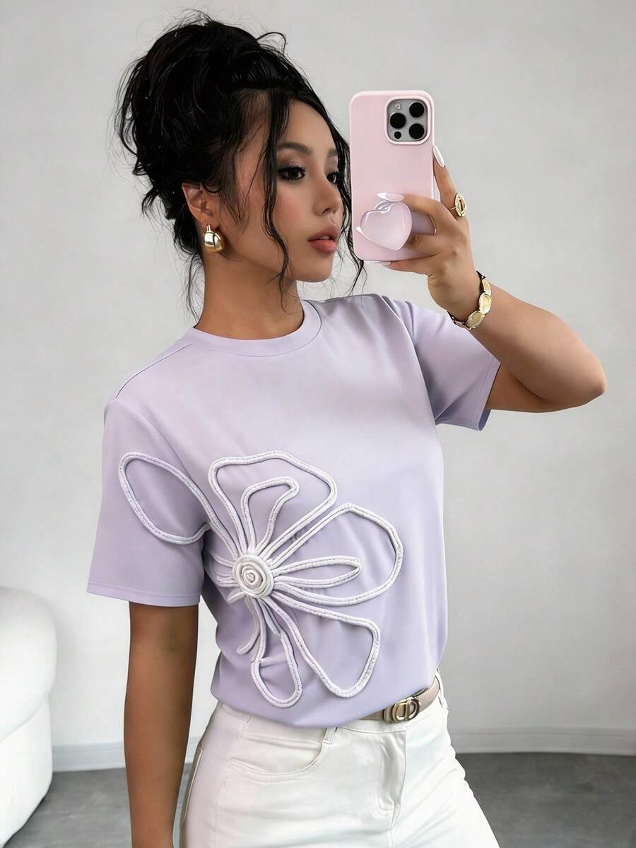 Selianne 简约百搭女士短袖T恤，饰有花朵泡泡图案 - 淡紫色 - 查看 1
