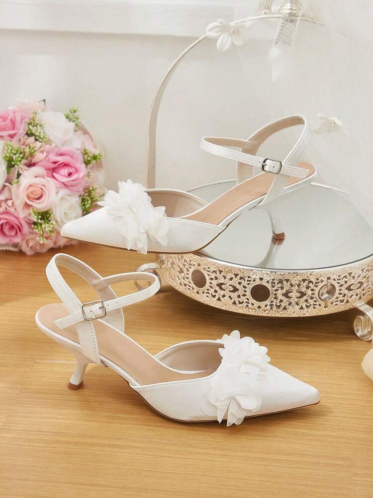 CUCCOO HITCHD Women's Pointed Toe Floral Decor Buckle Design Elegant High Heels For Party Summer Shoes Wedding Shoes Bride Shoes
