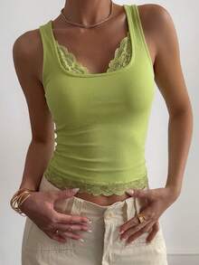 DAZY 春夏度假节亮绿色休闲街头镂空蕾丝拼接修身吊带背心，适合婚礼、派对、情人节等场合。 - 薄荷綠 - 查看 2