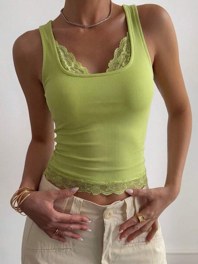 Spring & Summer Vacation Festival Lime Green Casual Street Hollow Lace Patchwork Slim Fit Camisole For Women, Suitable For Wedding, Party, Valentine's Day